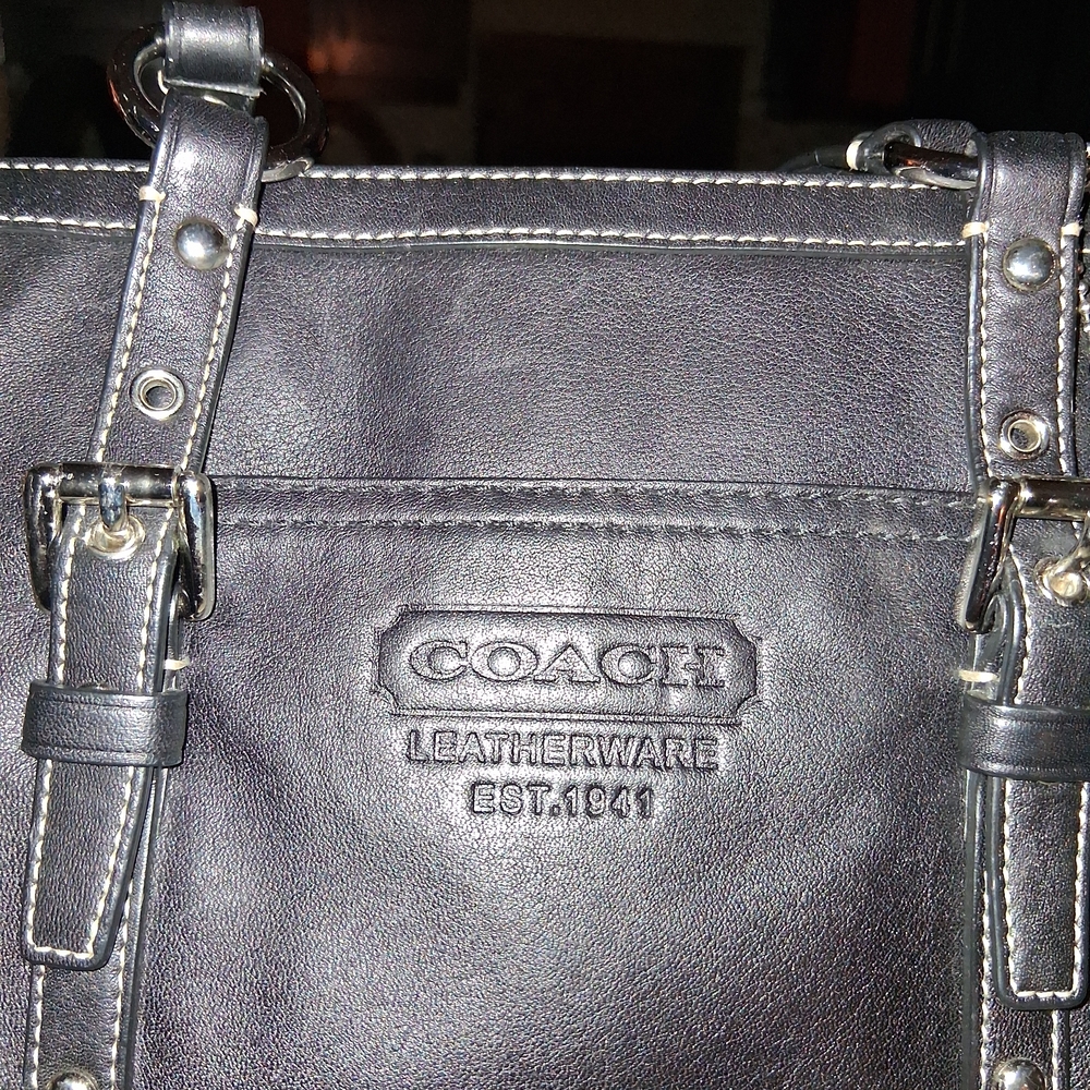 Coach Black Leather Tote F12343  with Silver Hardware Accents - Picture 2 of 6